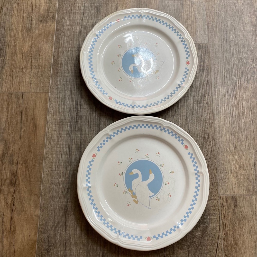 Vintage Moonlight Stoneware Geese Dinner Plates Set of 2 Blue Checkered Hearts